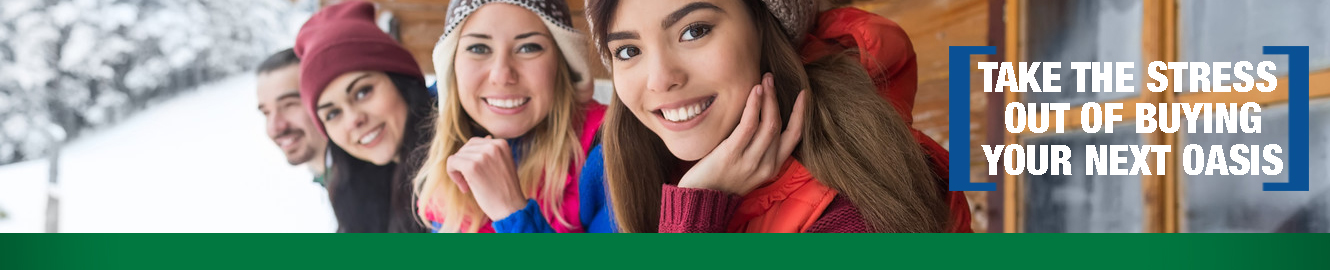 Young women and man smiling on ski slop with text saying, "Take the stress out of buying your next oasis"